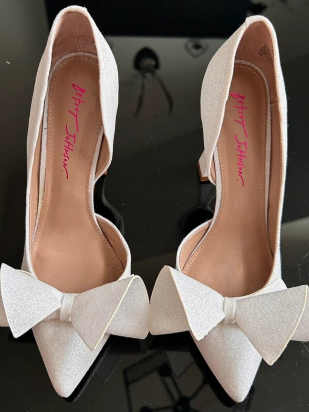 Betsey Johnson white glitter heels with bow detail